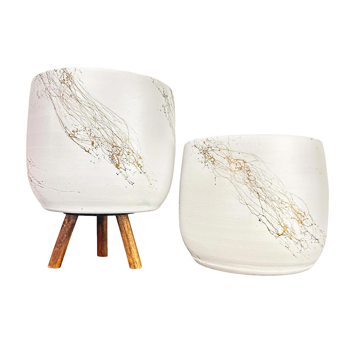 Ev Dekorasyon Aksesuar Beyaz Üzeri Gold Mermer Efektli Toprak Saksı Saksılık Salon Çiçeklik İkili Set Ayaksız - 3 Ayaklı 19 CM