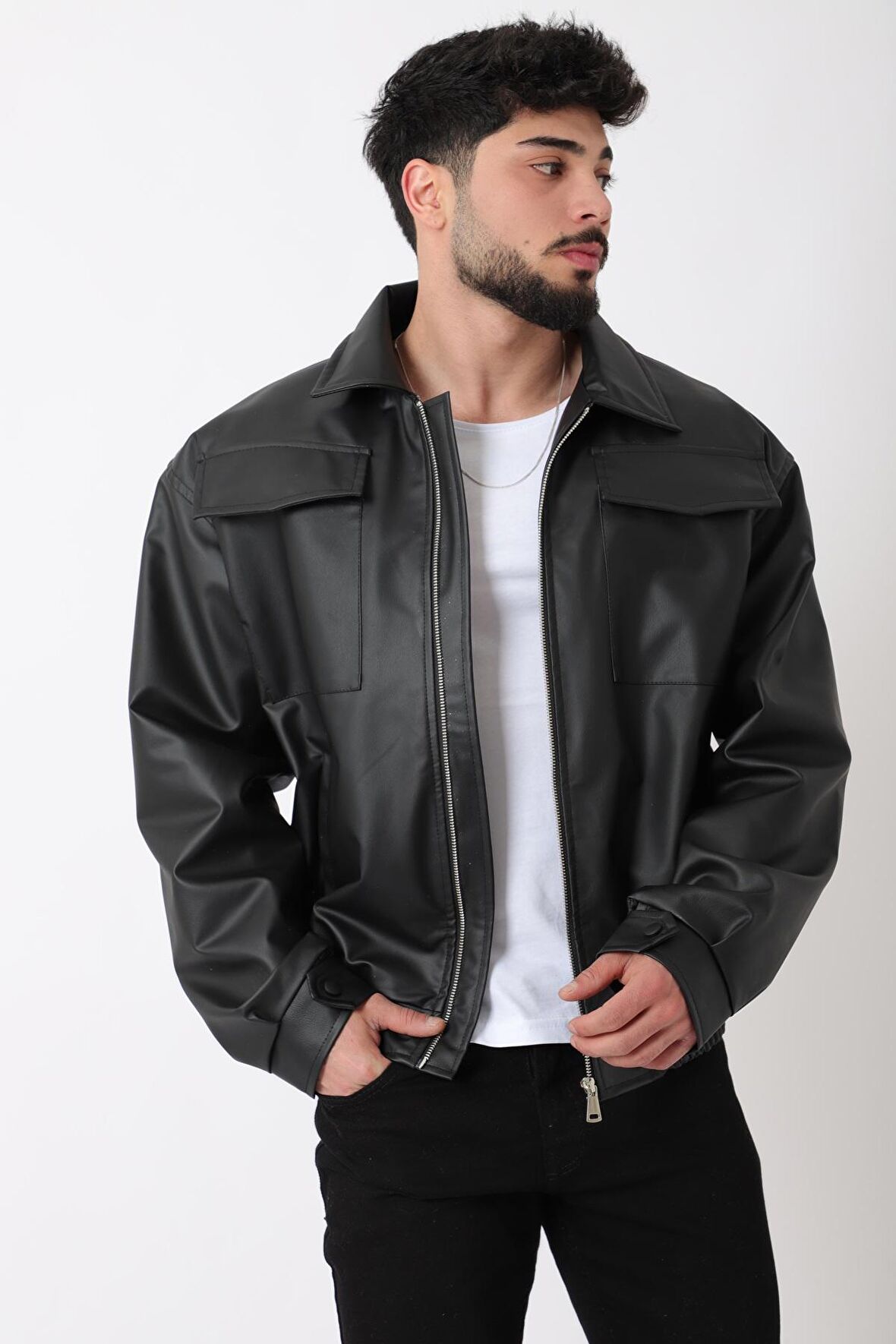 Büyük Cep Kapaklı Suni Deri Mont_50391