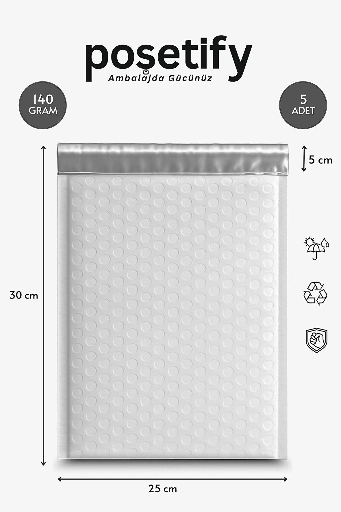 Balonlu Beyaz Kargo Poşeti 25x30+5 cm | 140 gr Bantlı Patpatlı Kargo Poşeti | 5’li E-Ticaret Poşeti