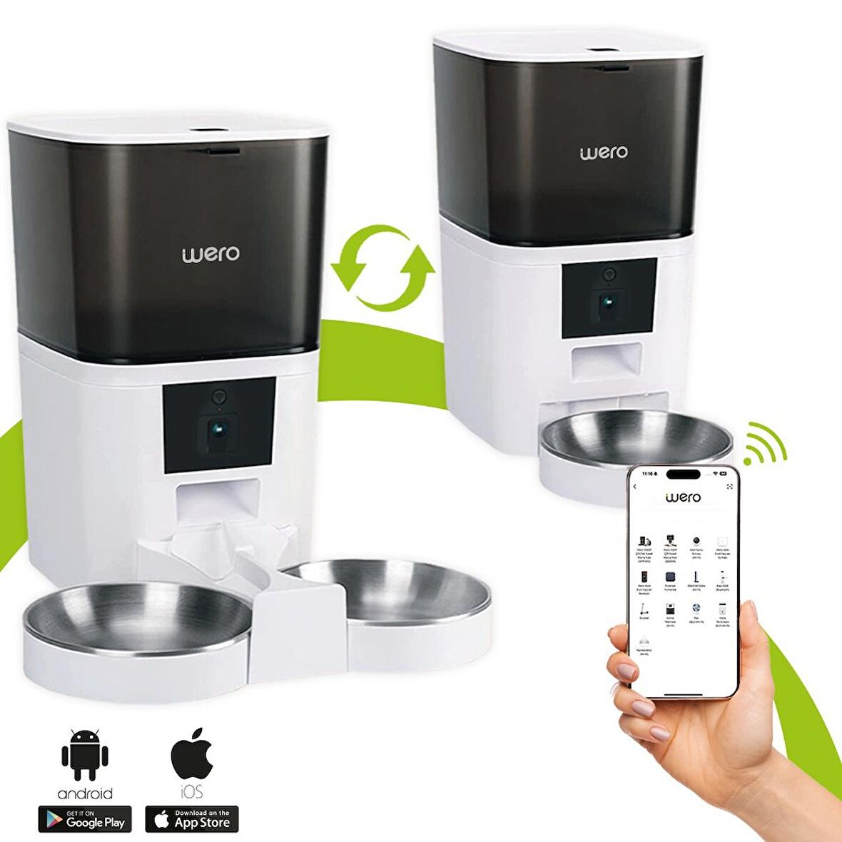 Wero Kameralı (1080p) Mama Kabı, Hem Tek hem Çift Tabaklı (paslanmaz çelik), 6 Lt, WiFi Kontrollü - Beyaz