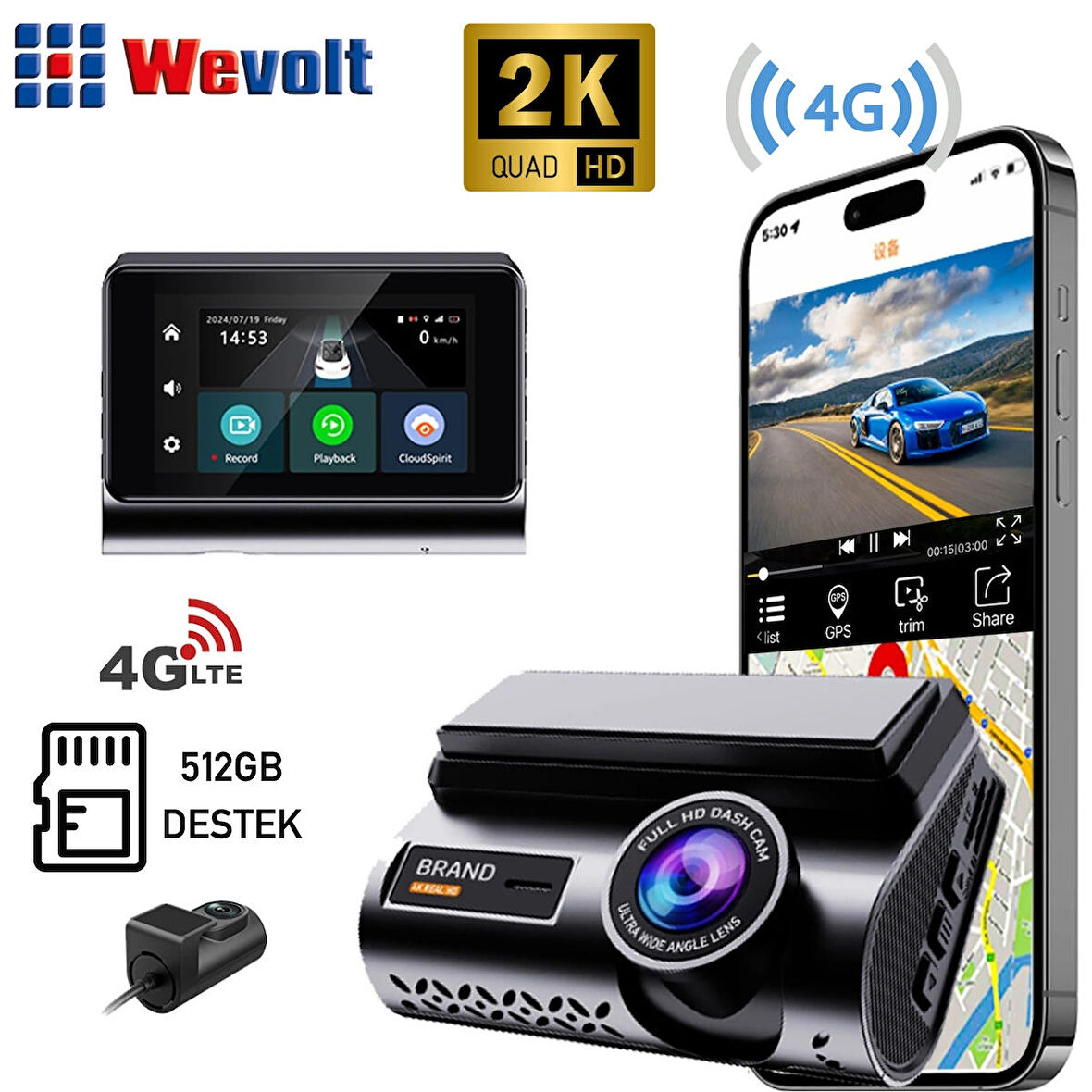 WEVOLT HB-30 YENİ 4G UZAKTAN İZLEMELİ 2K ARAÇ KAYIT KAMERASI