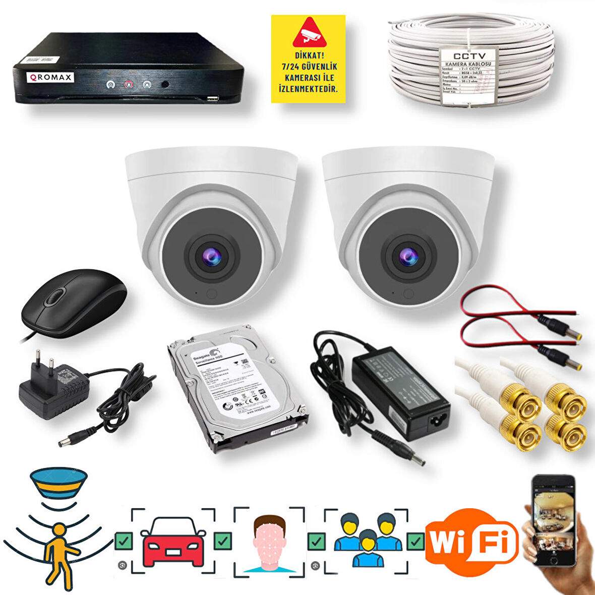 2 Kameralı Set - Araç İnsan Yüz Hareket Algılayan 1080P 5 MP Sony Lens 6 SMART LED Dome Güvenlik Kamerası Seti D206SL-1