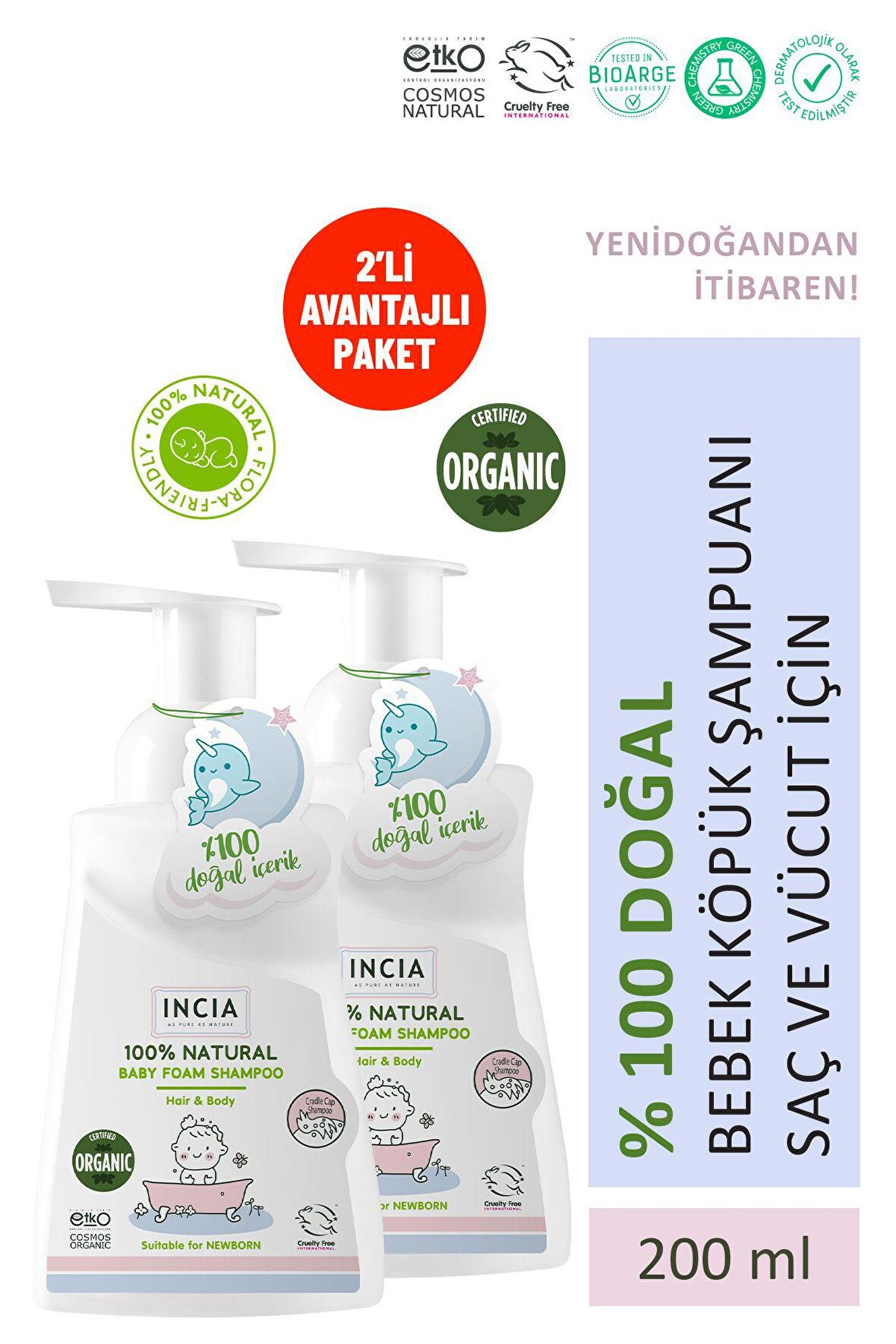 INCIA %100 Doğal Organik Sertifikalı Bebek Köpük Şampuanı Saç Vücut Lavanta Konak Önleyici Yenidoğan 200 ml X2 Adet