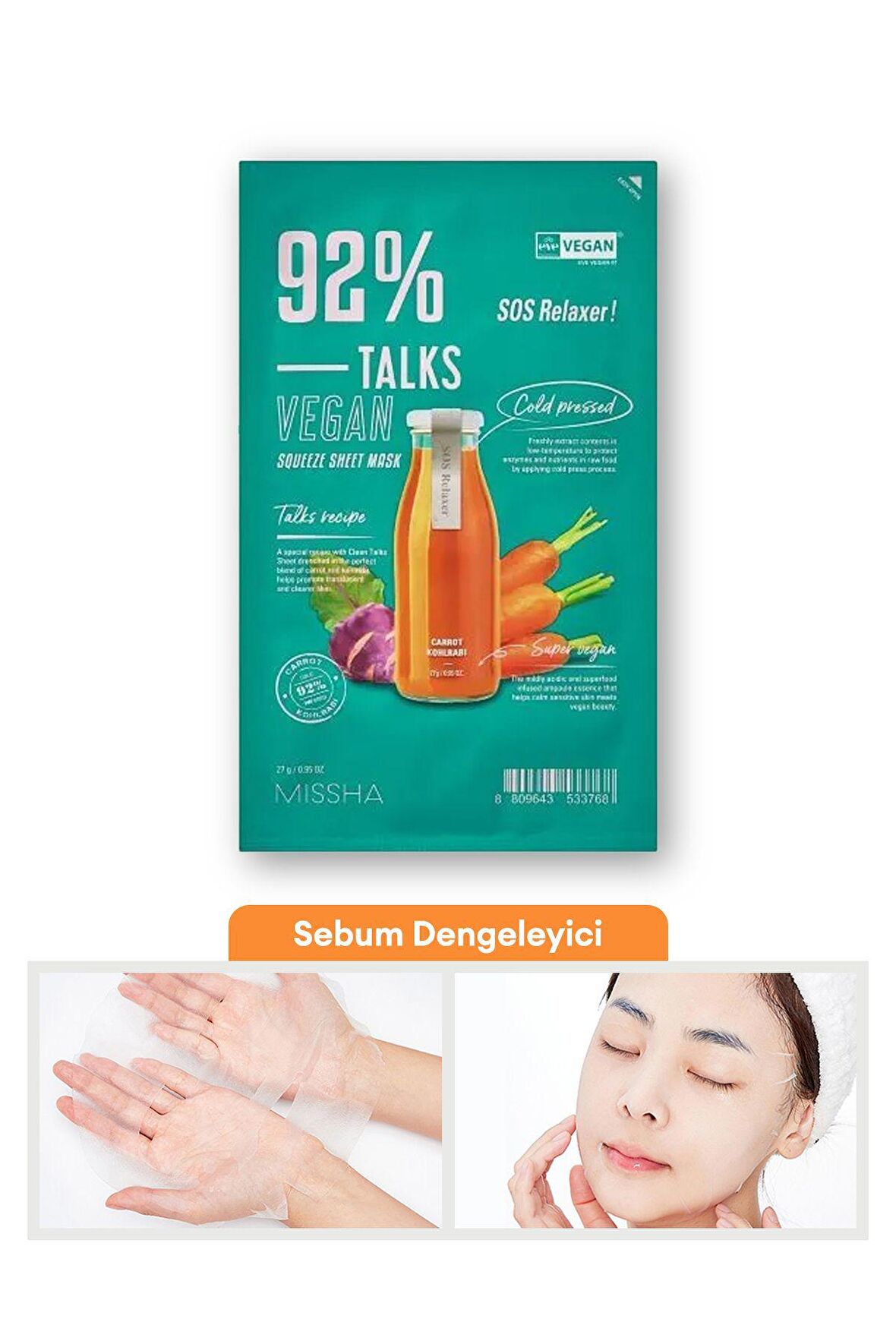 Hassas Ciltler İçin Stres Karşıtı Vegan Yaprak Maske Talks Vegan Squeeze Sheet Mask (Sos Relaxer)