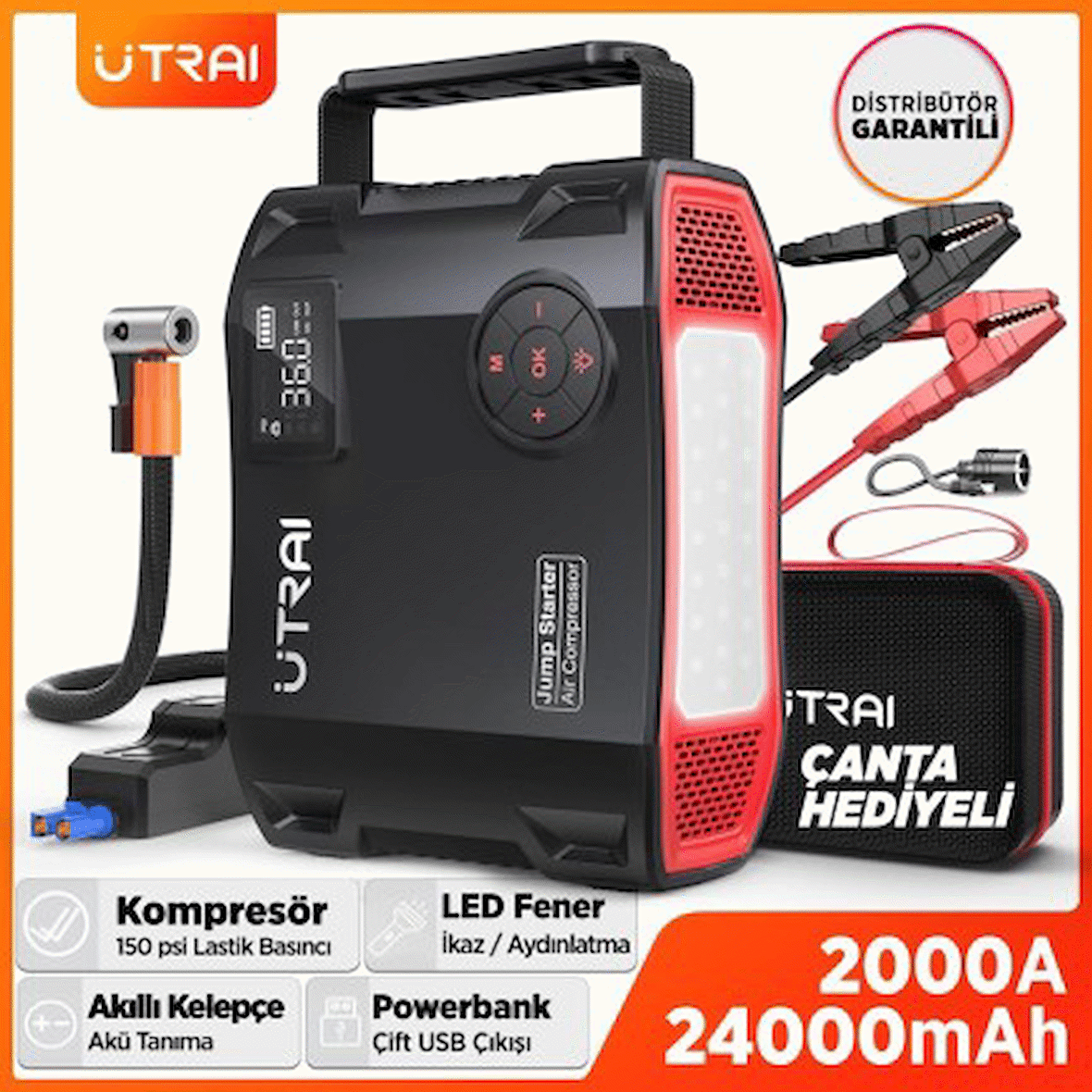 UTRAI Jstar 5 24000mAh 2000A Jump Starter + Lastik Şişirme Pompası Taşınabilir Akü Takviye Cihazı ( Çanta + LCD Ekran + Powerbank + Led Lamba)