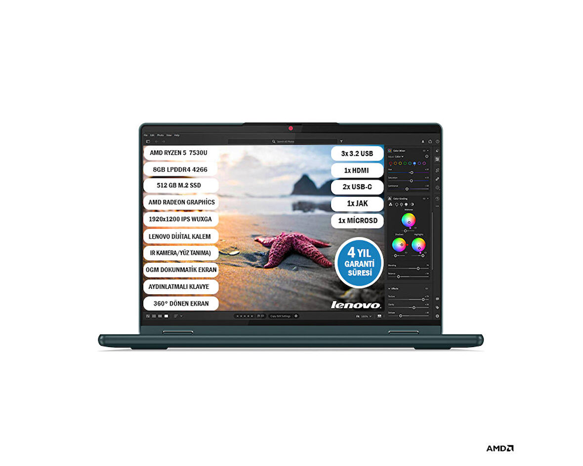 Lenovo Yoga6 AMD R5-7530U 8G 512G 13.3" DOKUNMATİK 13ABR8 Touch Kalem Hediyeli (Model:83B2009NTX)
