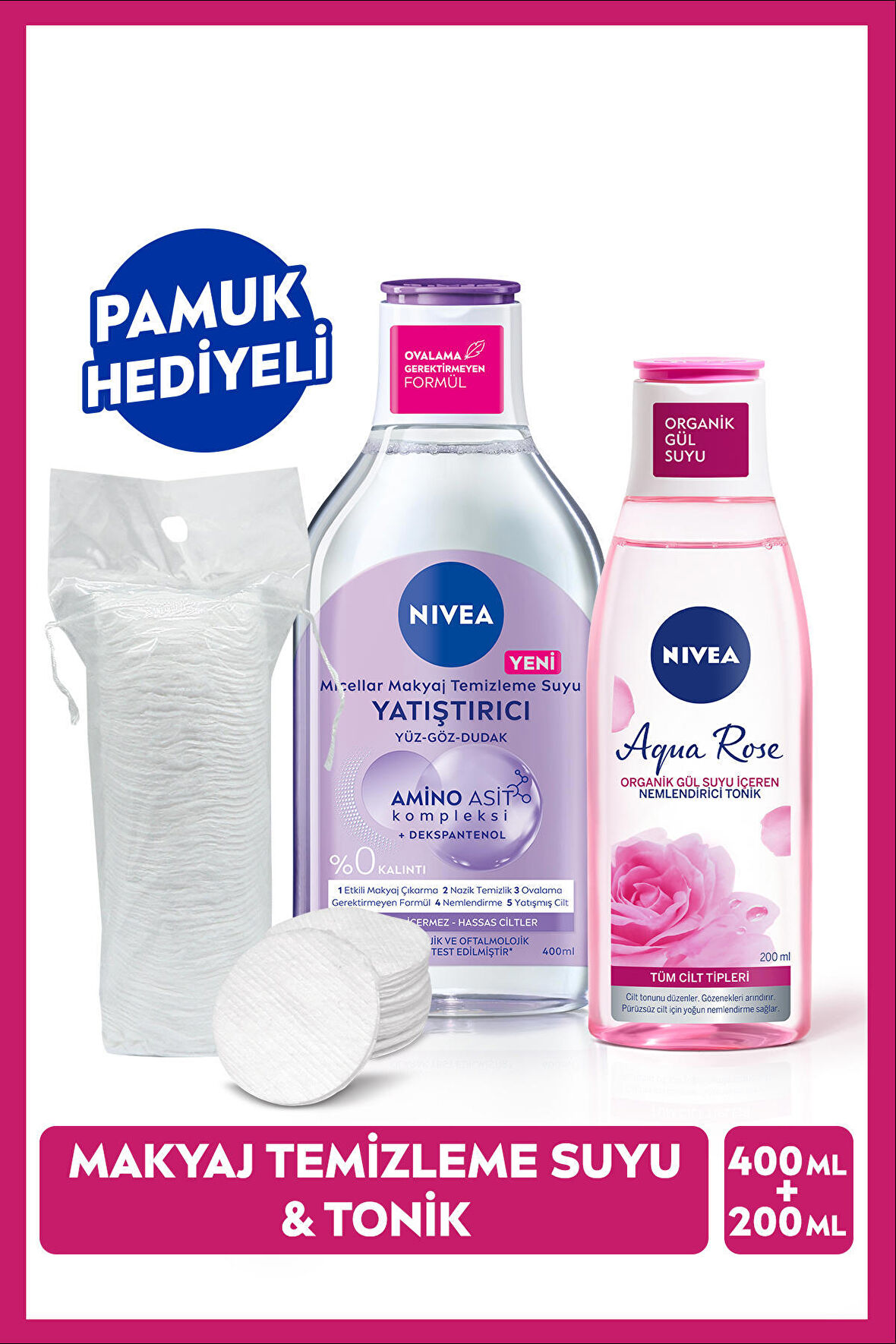 NIVEA Yatıştırıcı Micellar Makyaj Temizleme Suyu 400ml Ve Aqua Rose Nemlendirici Tonik 200ml, Hassas Cilt, Yüz Bakım