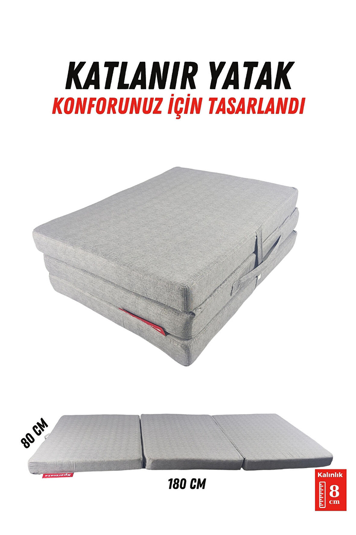 XPERMATE Katlanır Sünger Yatak, Yer Yatağı, Katlanır Yer Minderi, Misafir Yatağı 80x180x8 Gri 