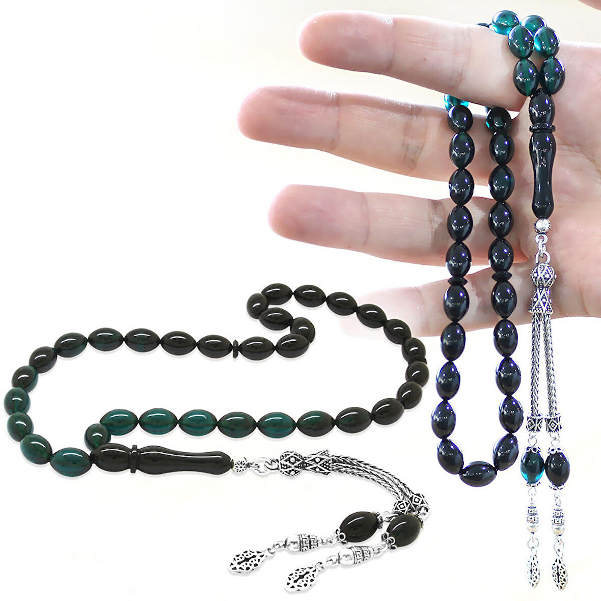 925 Ayar Gümüş Çift Püsküllü Arpa Kesim Süzme Turkuaz-Siyah Ateş Kehribar Tesbih
