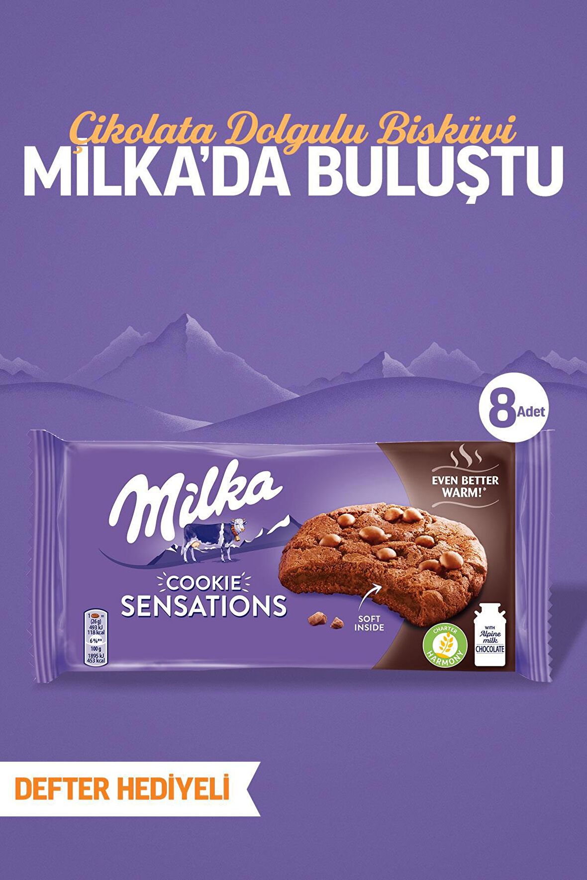 Defter Hediyeli Milka Sensations Damla Çikolatalı ve Dolgulu Bisküvi 156 gr - 8 Adet