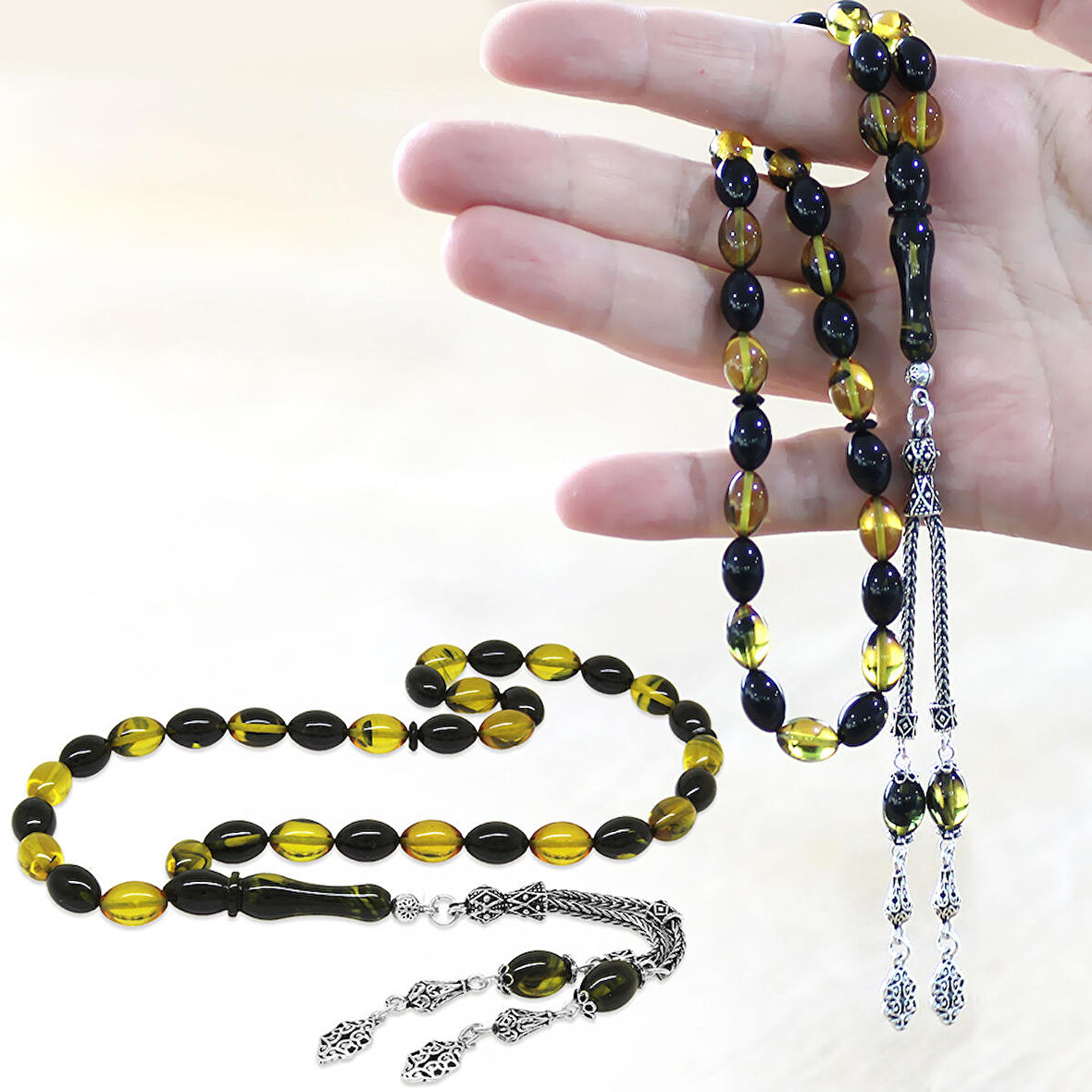 925 Ayar Gümüş Çift Püsküllü Arpa Kesim Sarı-Siyah Ateş Kehribar Tesbih