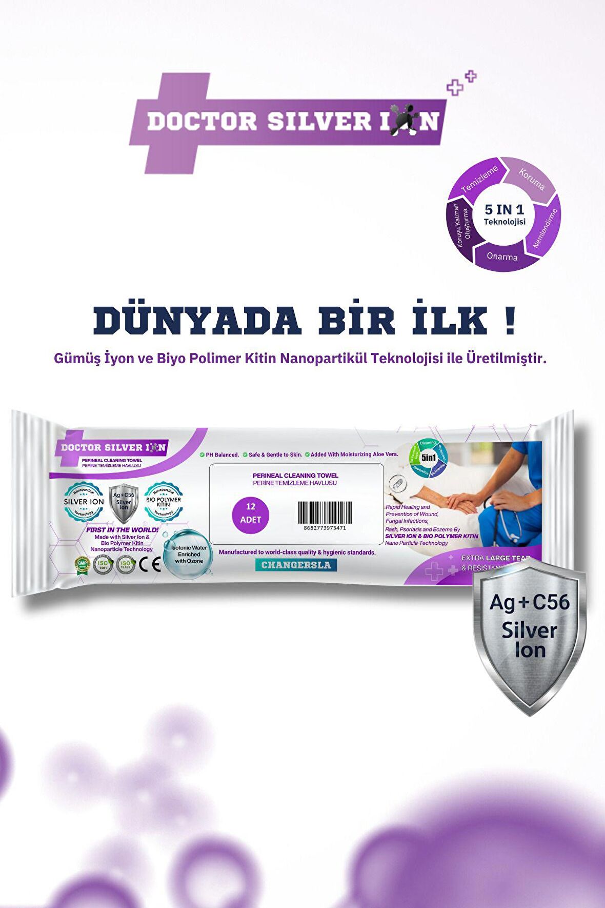 Gümüş Iyon & Biyopolimer Kitin Teknolojili 12'li Perine Temizleme Havlusu (1 Paket)