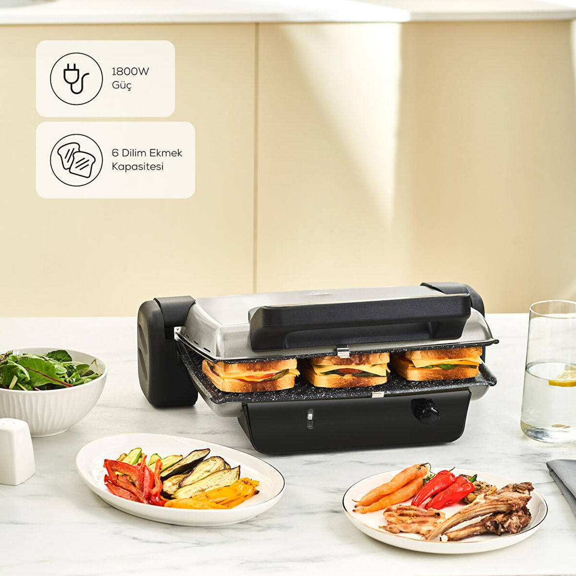 Karaca Crust Grill Toast Izgara Ve Tost Makinesi 6 Dilim Mat Krem