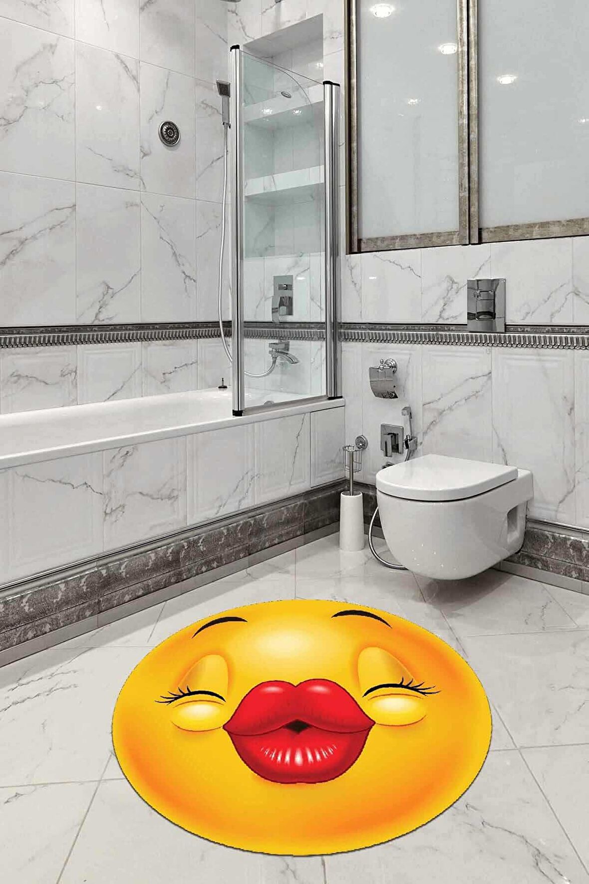 Sarı Smiley Banyo Halısı Klozet Yuvarlak Paspas Seti BS298