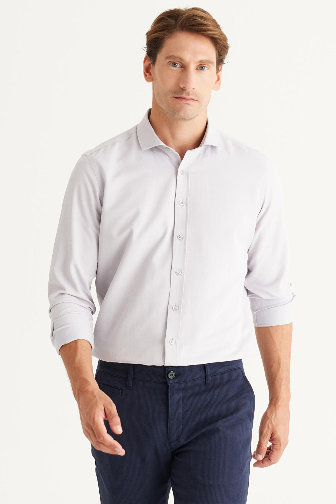 Erkek Gri Slim Fit Dar Kesim Italyan Yaka Armürlü Gömlek