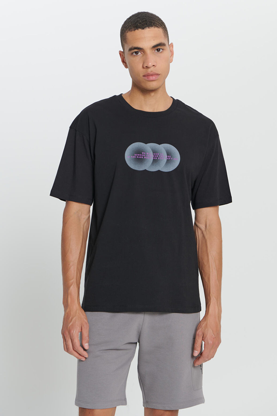 Loose Fit Bol Kesim %100 Pamuk Baskılı Bisiklet Yaka Tişört