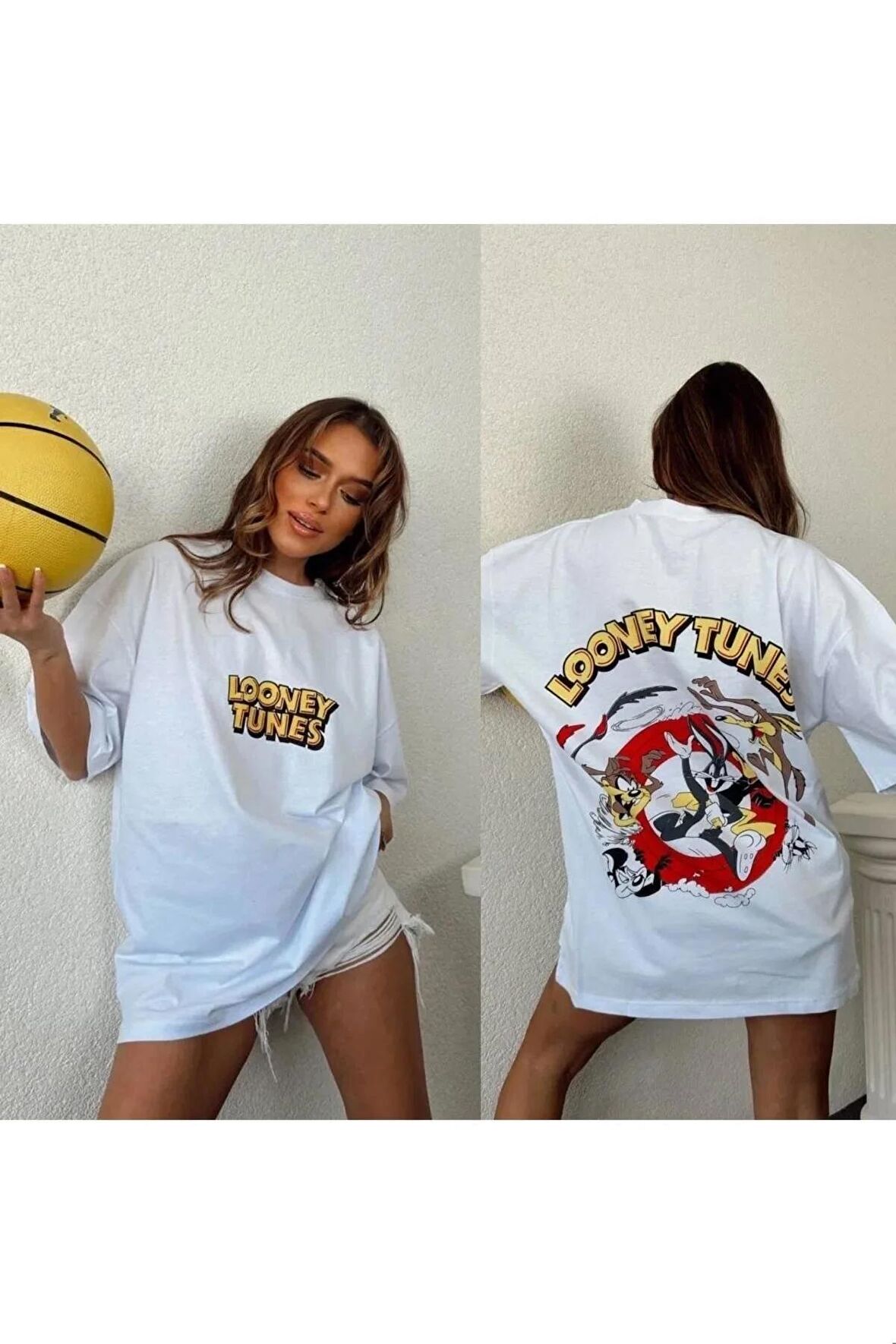 Looney Baskı Kadın Tişört Beyaz