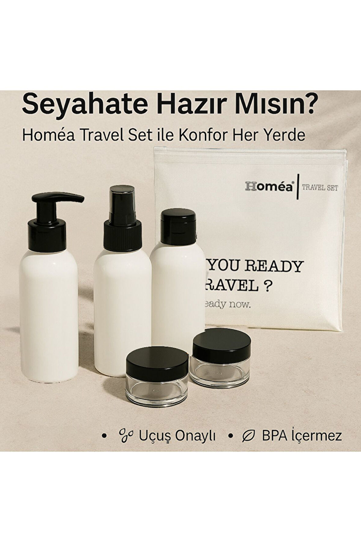 Plastik Seyahat Boy 100ml Beyaz Şişe ve Kavanoz 5’li Set – Çantalı Seyahat Kiti