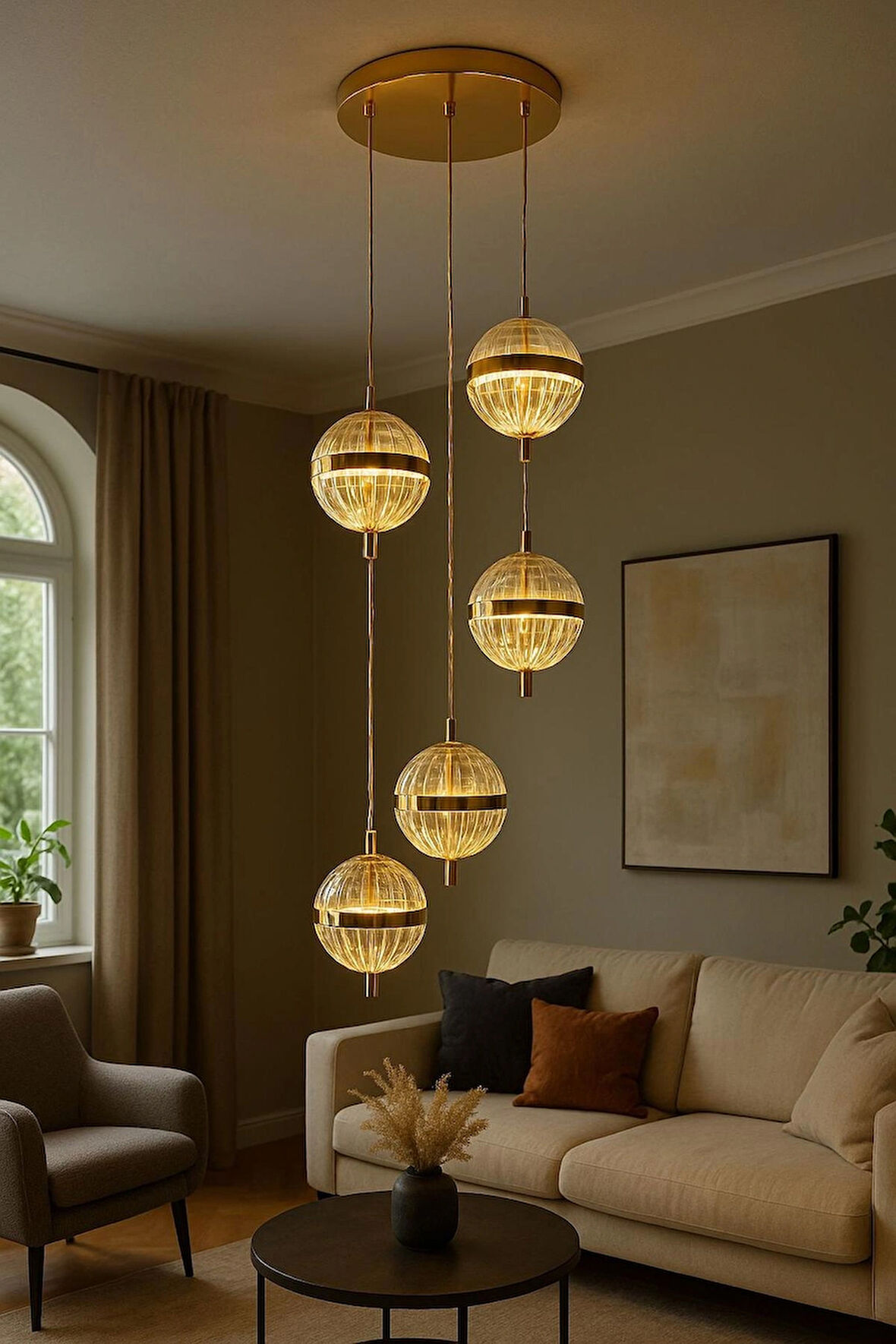 Lüks Gold Kristal Görünümlü LED Küre 5'li Sarkıt Avize Tavan Aydınlatması