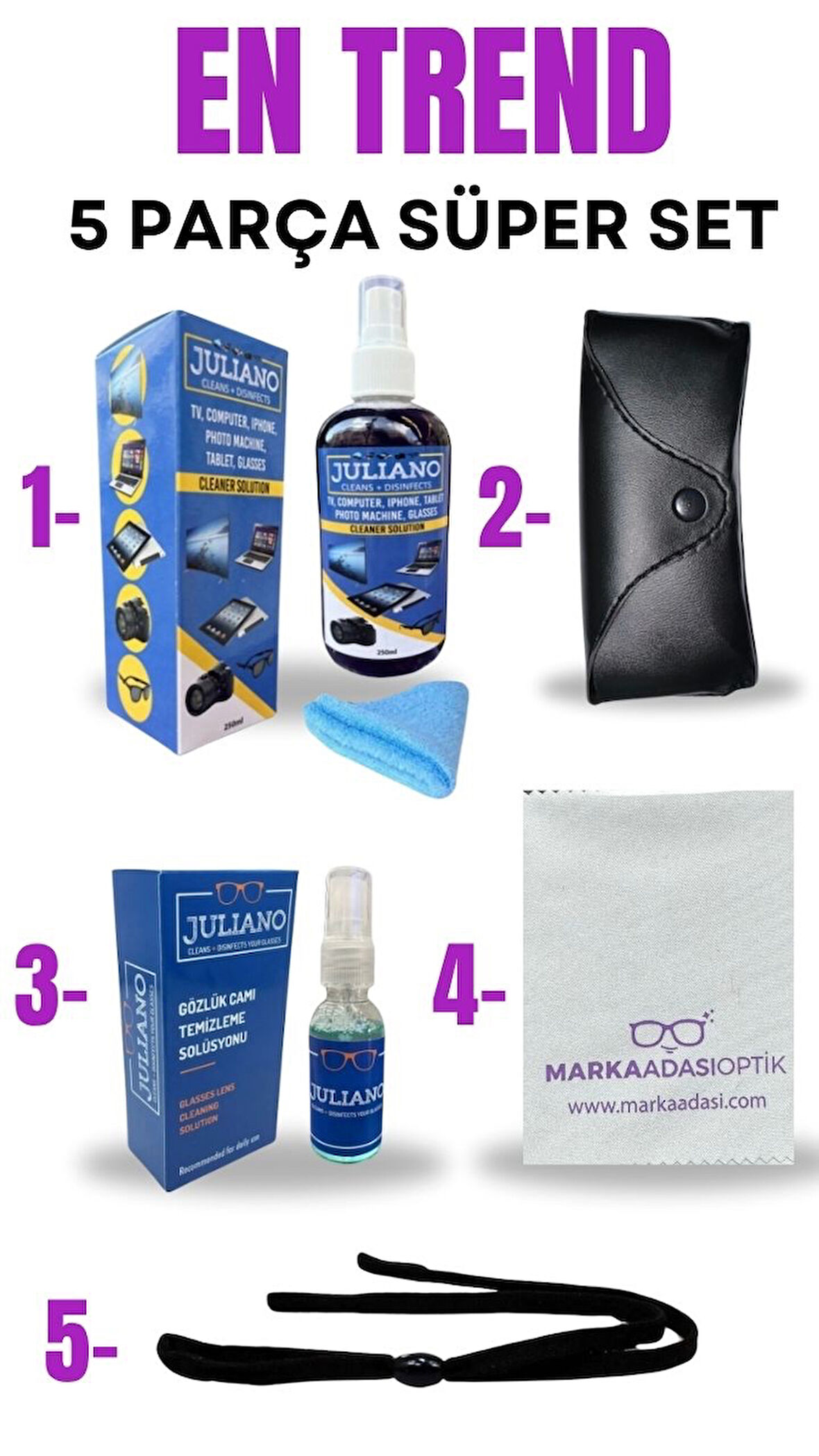 5 Parça: 250ML TV-Telefon Sprey+Deri Kılıf+30ML Gözlük Sprey+Sporcu İpi+ Mic. Gözlük Bez