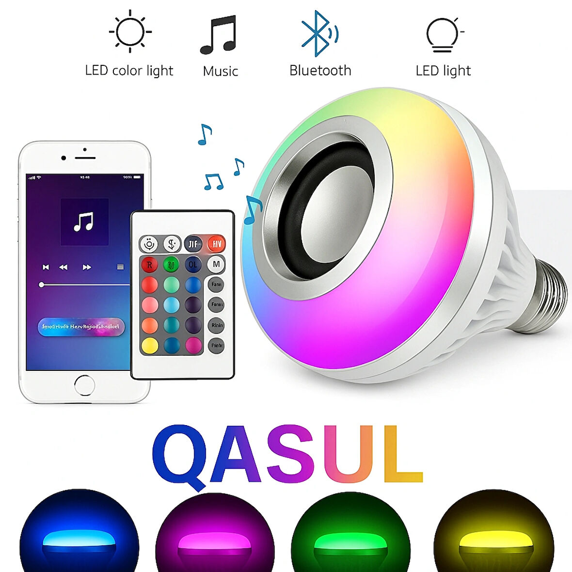 Bluetooth Hoparlörlü, RGB LED Işıklı Lamba, Uzaktan Kumandalı Müzik Çalar Ampul