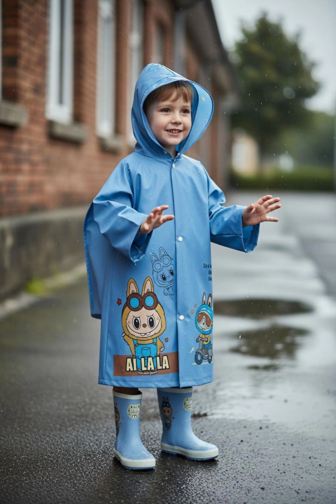 EVA Kumaş Kapüşonlu Desenli Cepsiz Çıtçıtlı Çocuk Yağmurluğu Çanta Koruyuculu Çocuk Yağmurluk