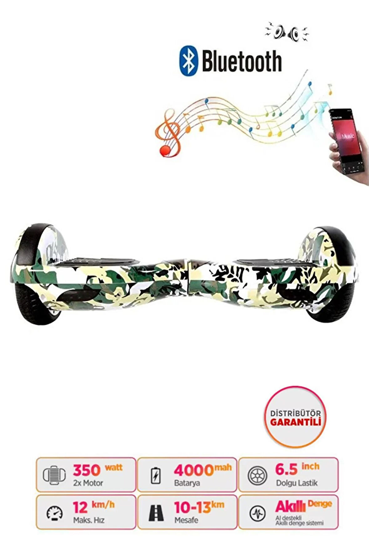 Citymate Hoverboard Elektrikli Kaykay Bluetooth Hoparlörlü 6.5 inch Yeşil Kamuflaj