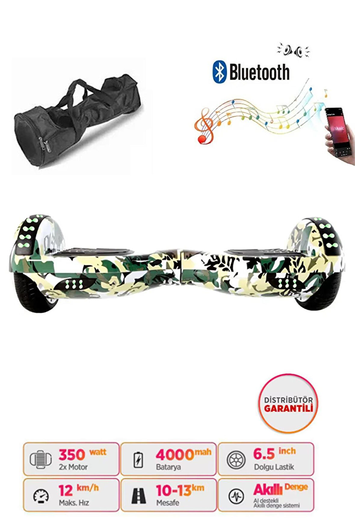 Citymate Hoverboard Elektrikli Kaykay Full Ledli  Bluetooth Hoparlörlü 6.5 Inch Çanta Hediyeli Yeşil Kamuflaj
