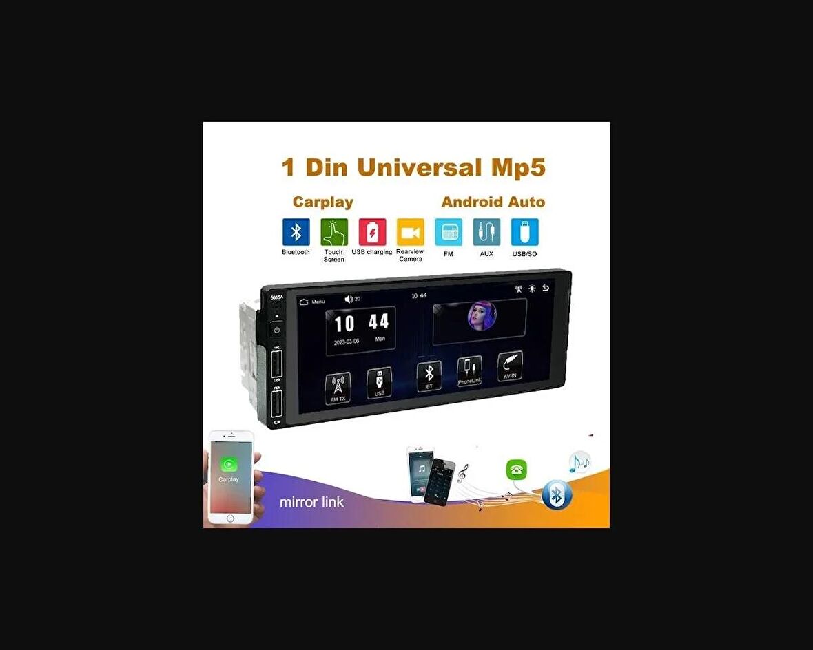 6.86 inc Ekran 1din Oto Mp5 Teyp Carplay Ve Android Auto Ile