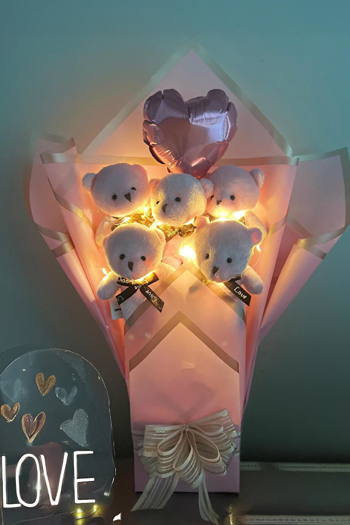 Sole Sevgiliye Led ıŞIKLI Özel Pembe Konsept Balonlu Romantik Peluş Ayıcık Buketi