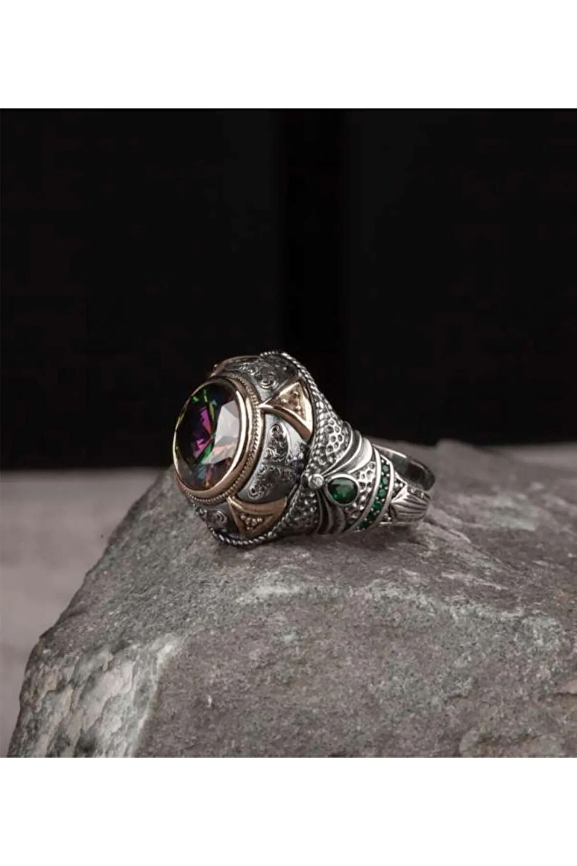 Erkek Gümüş Yüzük Hare Mistik Topaz Taşlı Erkek Gümüş Yüzük