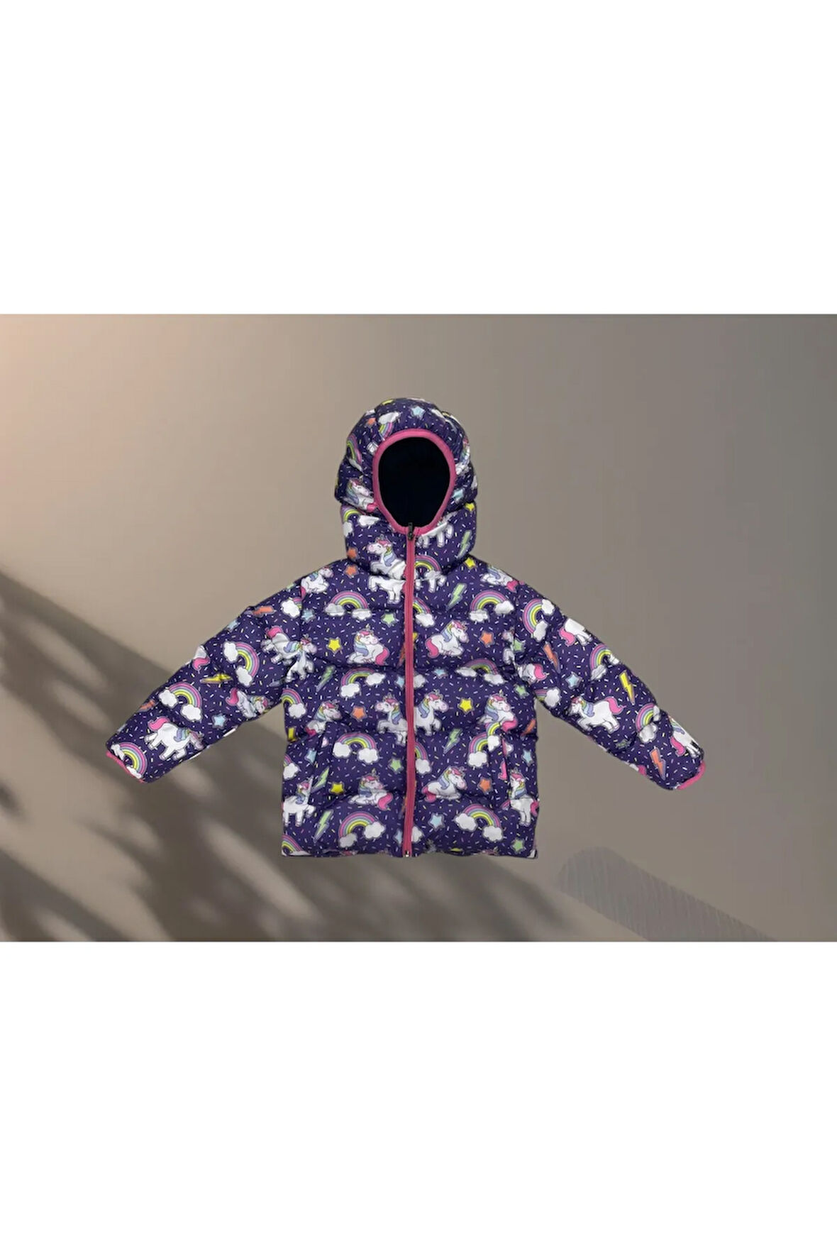 Kız Çocuk Polarlı Kapüşonlu Unıcorn Desenli Kışlık Şişme Mont & Kaban & Parka