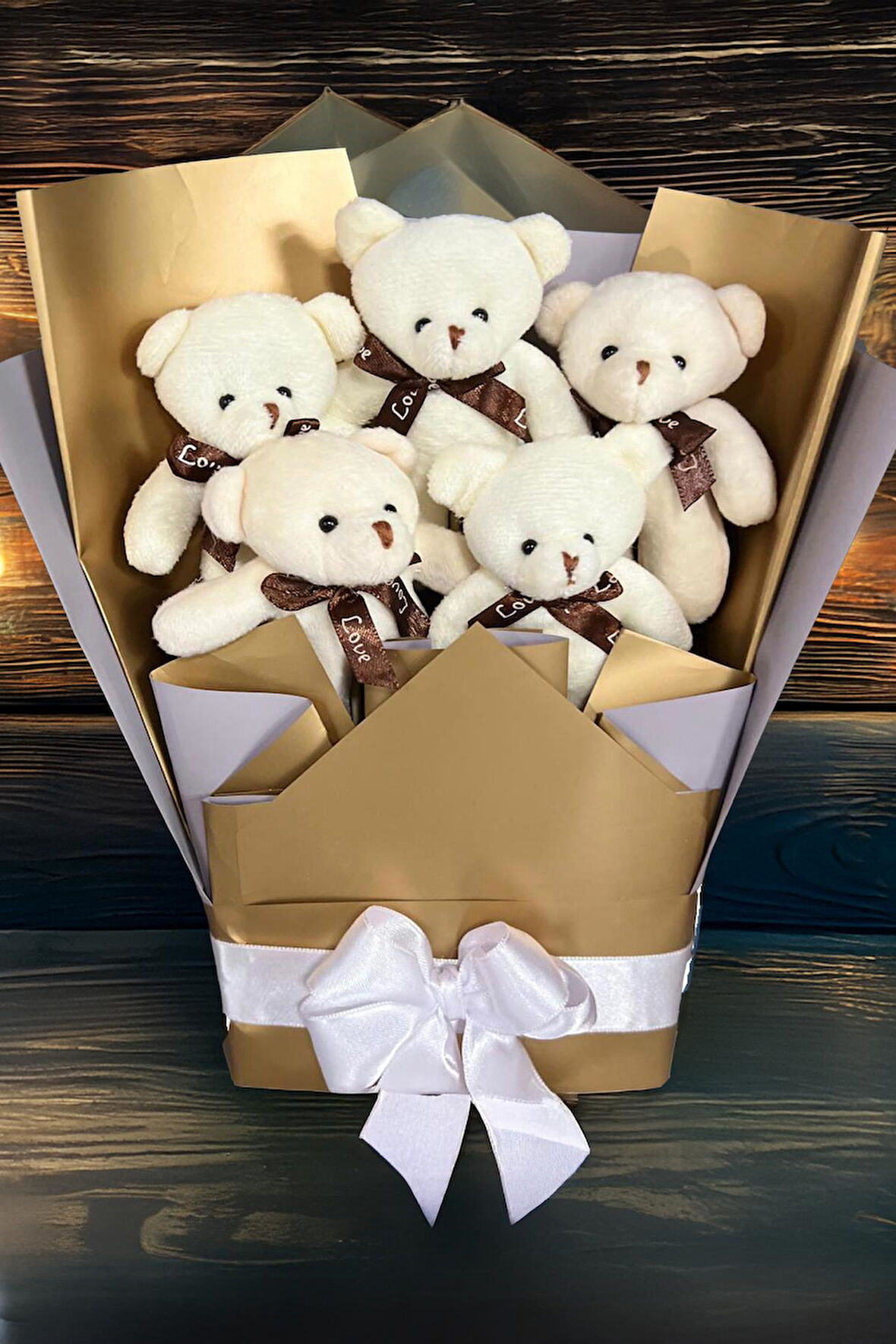 Sole Sevgiliye Özel Dore-Gümüş Konsept Romantik Peluş Ayıcık Buketi