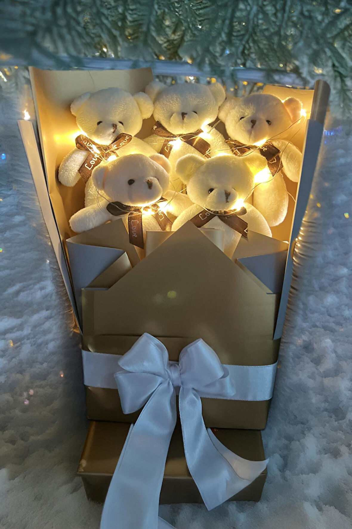 Sole Sevgiliye Özel Peri LED Işıklı Dore-Gümüş Konsept Romantik Peluş Ayıcık Buketi