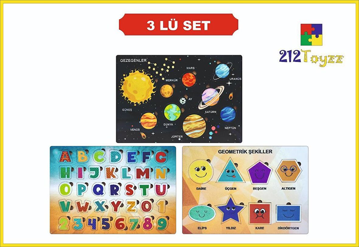 3Lü Set Eğitici Öğretici Ahşap Çocuk Puzzle ve Sök Tak Oyuncak