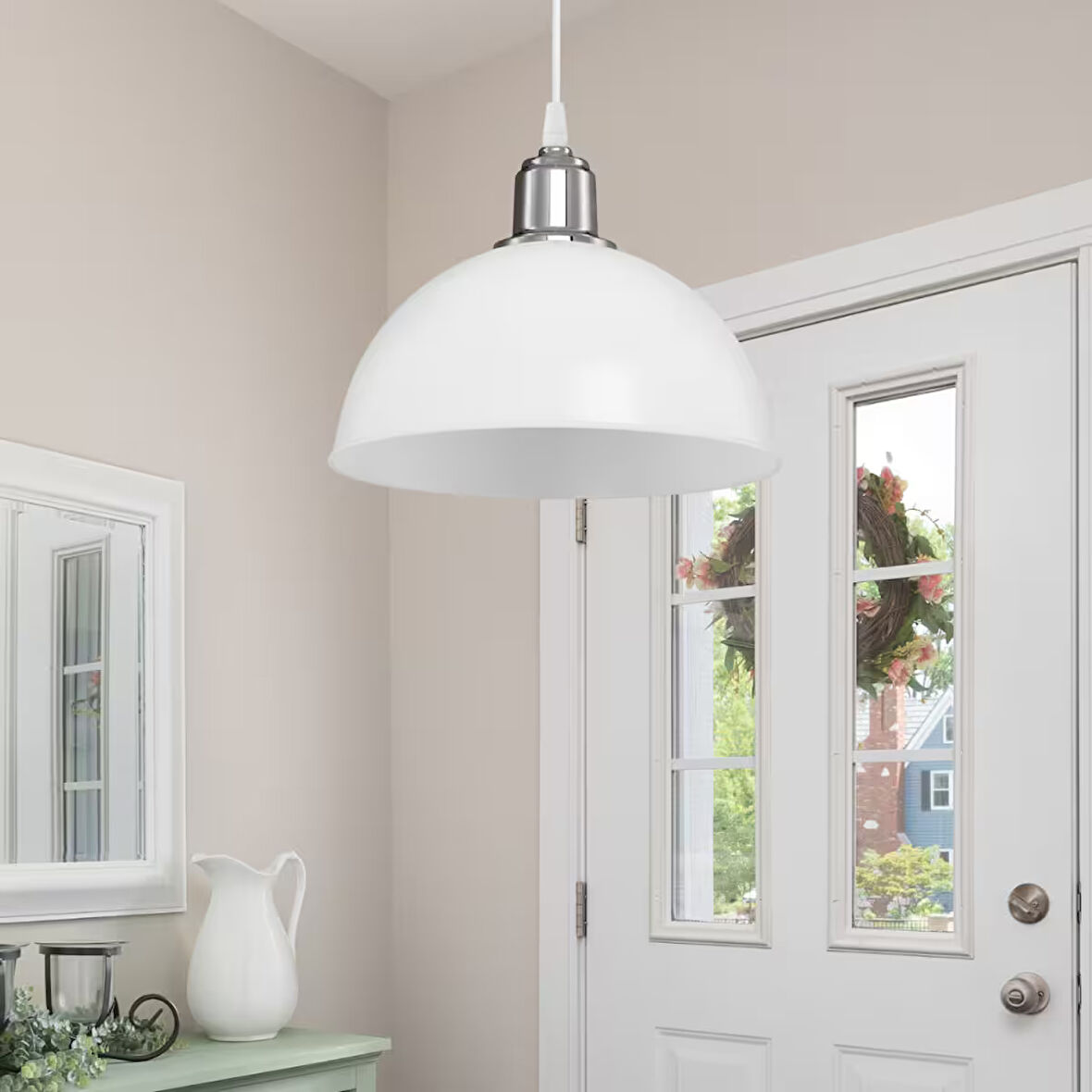 Haus Yarım Küre Opak Beyaz ABS Krom Kuka Süslü Sarkıt Mutfak Salon Avize Kafe Kuaför Aydınlatma