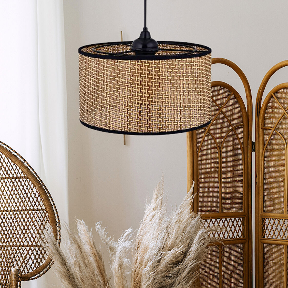 Rakkas Hasır Kaplama Metal Kasalı Silindir Kahverengi Avize Salon Yatak Odası Rattan Sarkıt