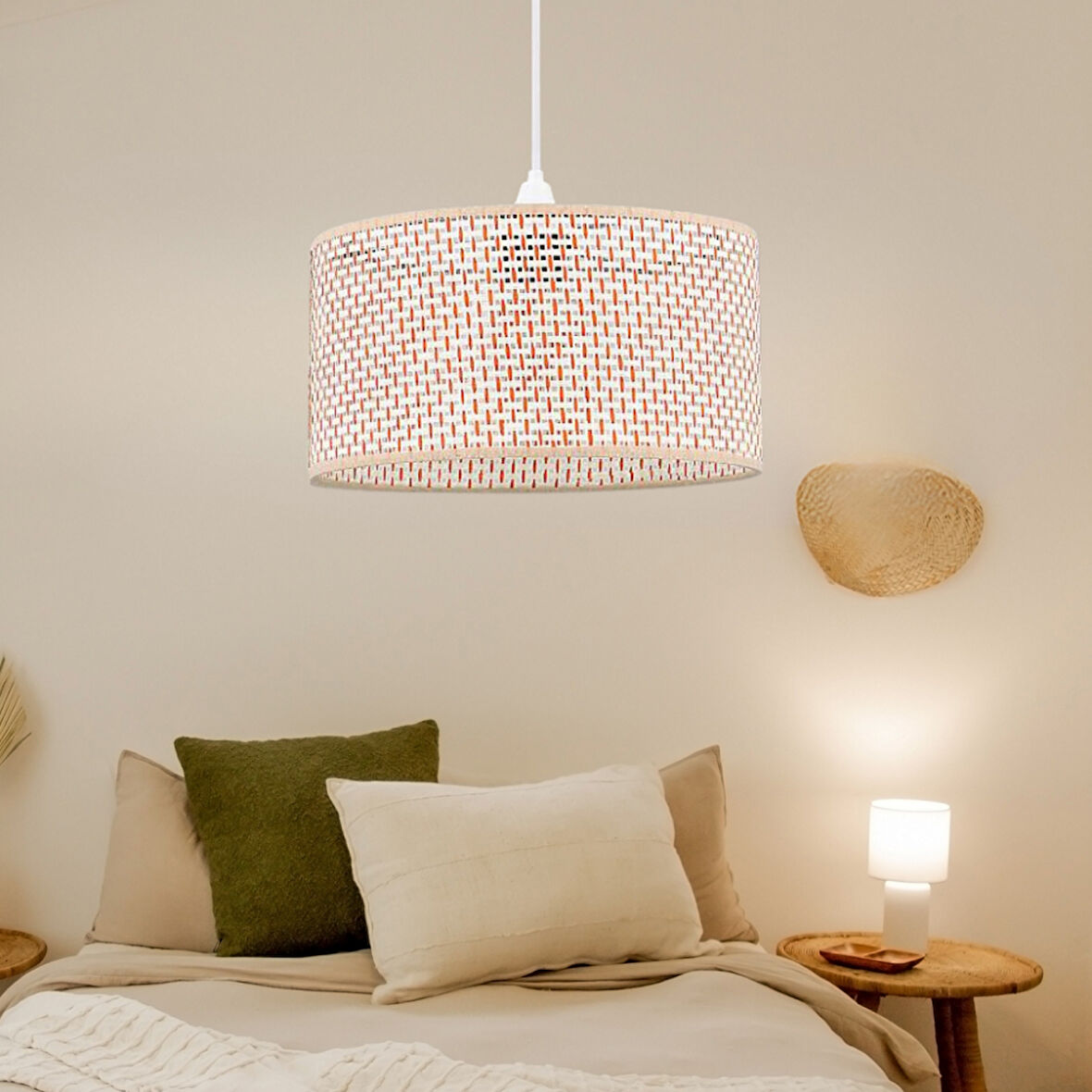 Rakkas Hasır Kaplama Metal Kasalı Silindir Krem Turuncu Avize Salon Yatak Odası Rattan Sarkıt