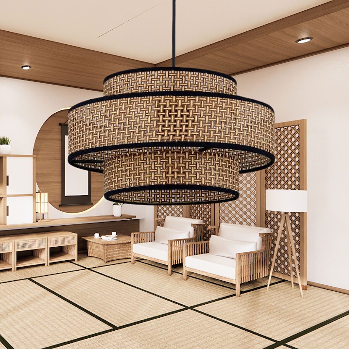 Otantik Trio Metal Kasalı Kahve Hasır Kaplama Rattan Salon Avize Üç Katlı Pasta Yatak Odası Sarkıt