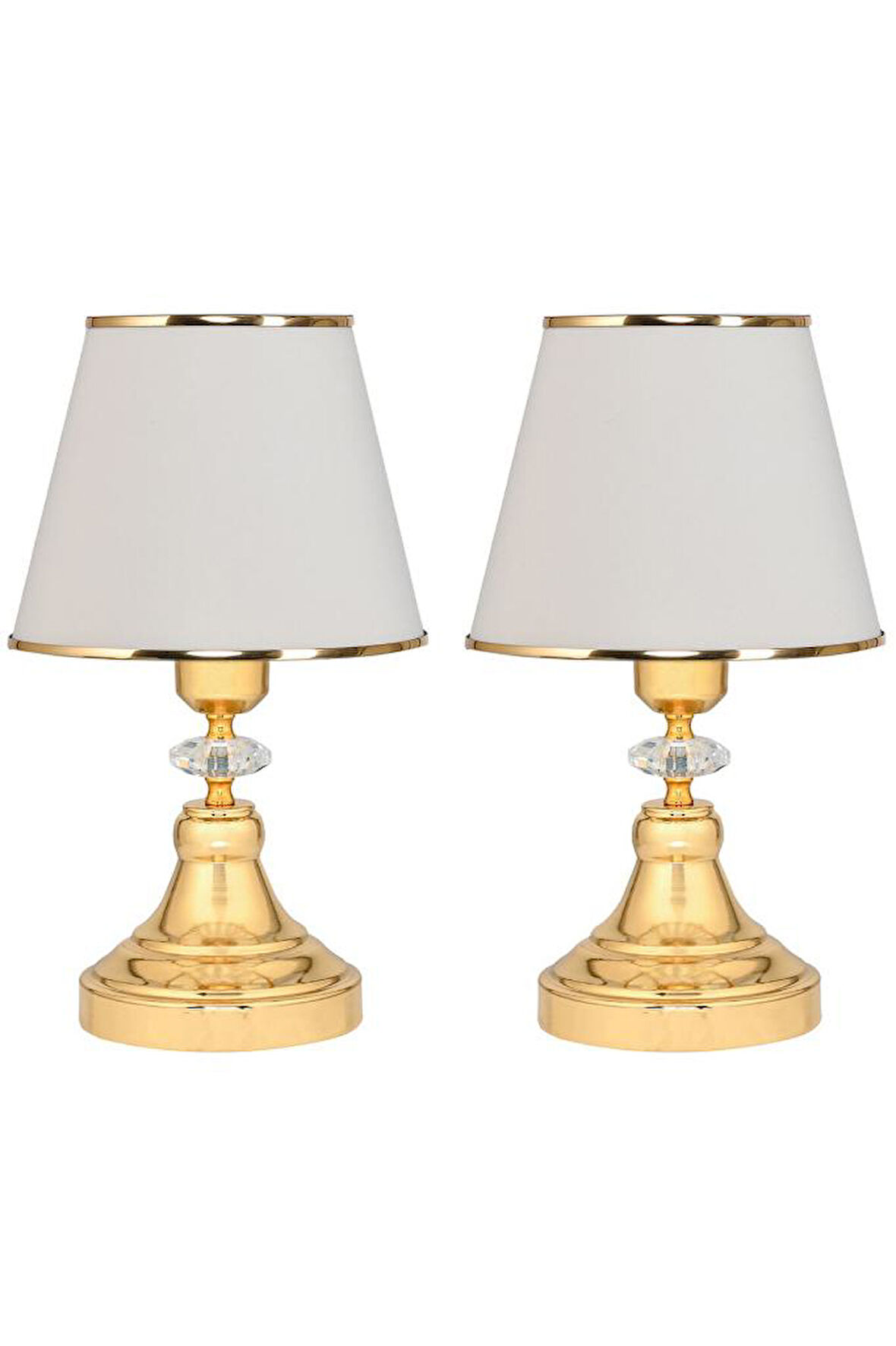 Art Deco Tarz Kristal Taş Süslü Metal Ayak ve Gold Şeritli Krem Başlık 2'li Abajur Seti İki Adet