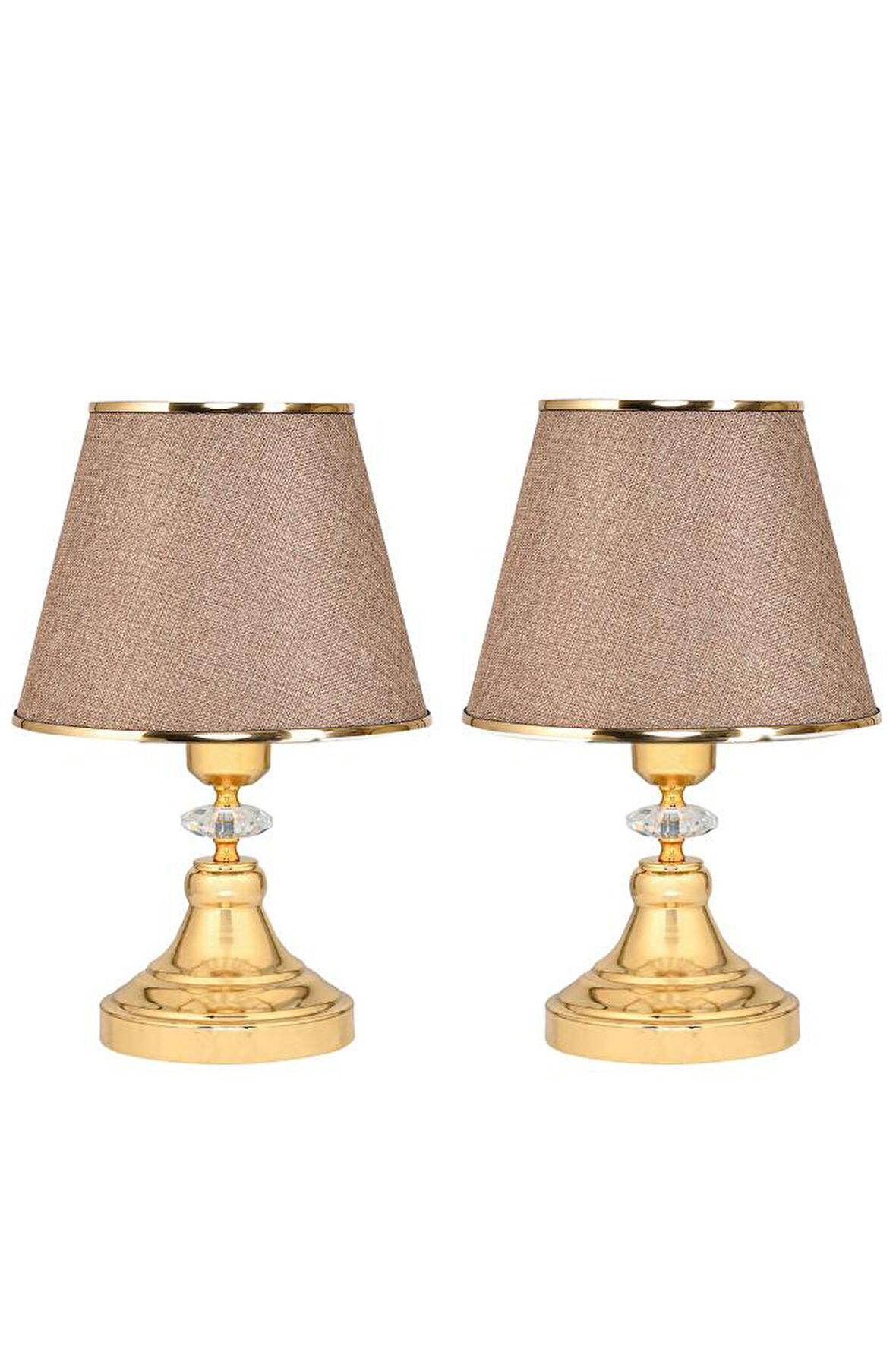 Art Deco Tarz Kristal Taş Süslü Metal Ayak ve Gold Şeritli Kumbeji Başlık 2'li Abajur Seti İki Adet