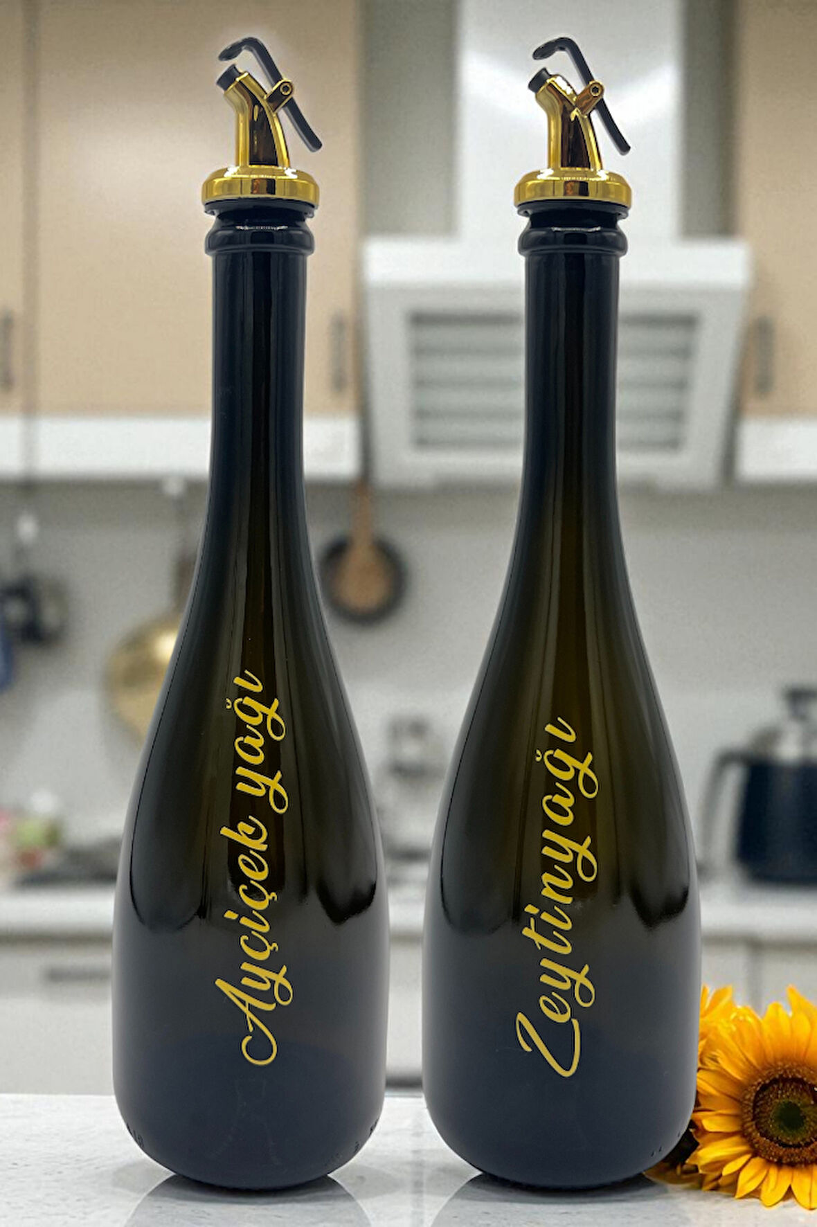 Amber Renk Kabartma Baskılı 750 ML Cam Yağdanlık Şişe 2'li Sofra Mutfak Sunum Sosluk