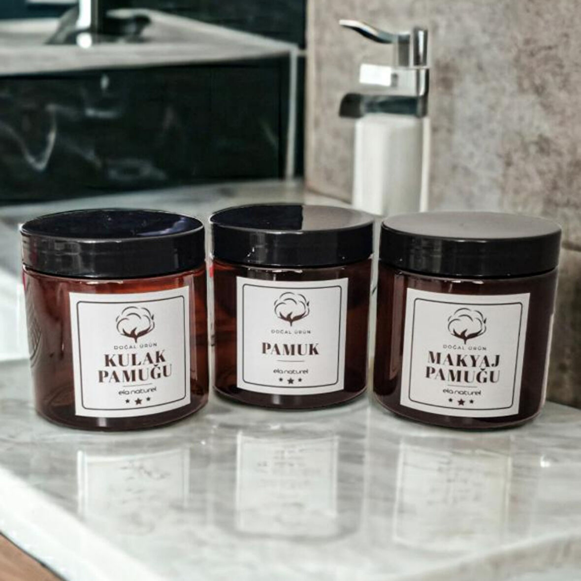 Plastik Amber Renk Kavanoz Banyo Düzenleyici 3lü Set Şık Makyaj Kulak Pamuğu Kabı