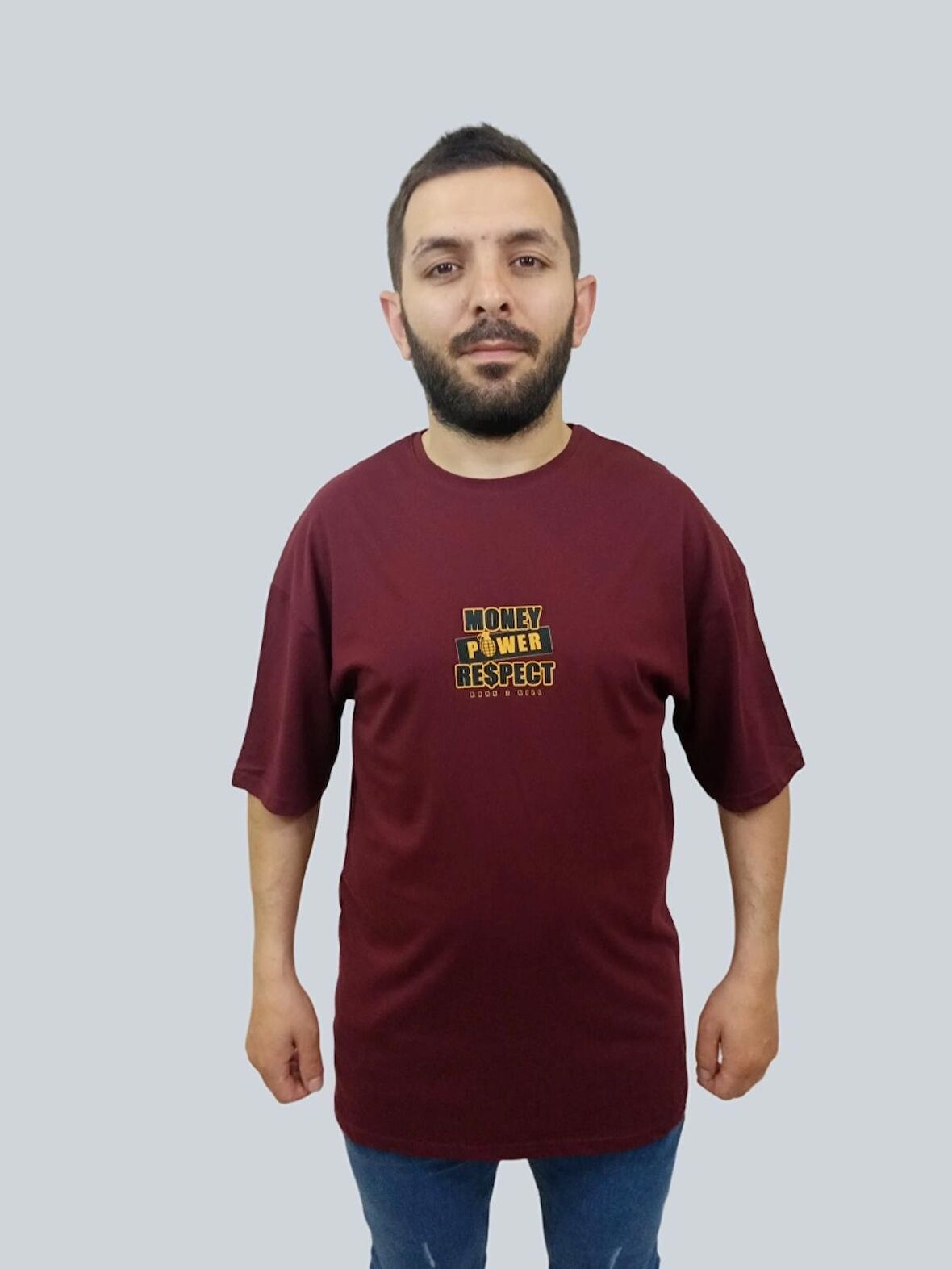 Erkek Respect Oversize Bisiklet Yaka Bordo Tişört