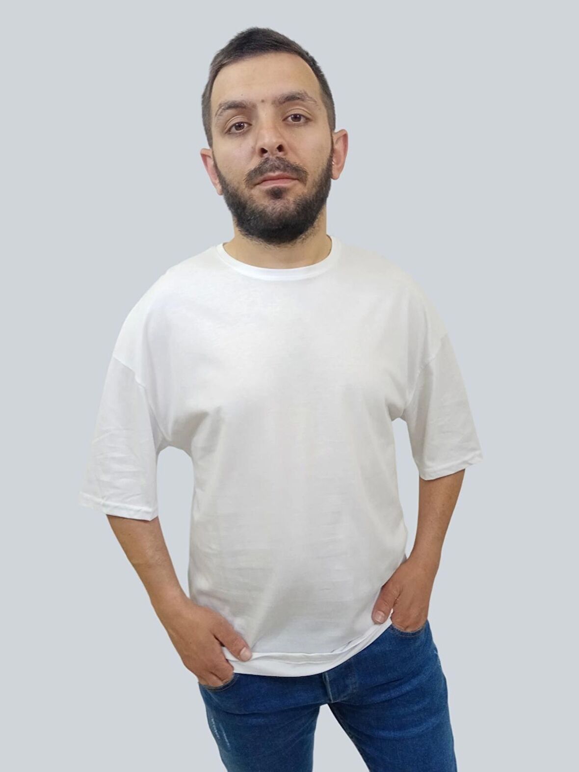 Erkek Plain Oversize Bisiklet Yaka Beyaz Tişört