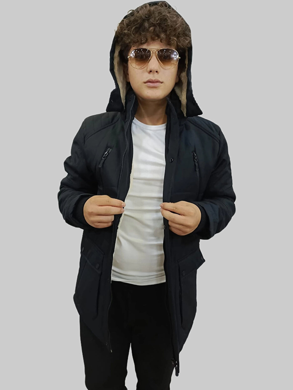 Erkek Çıkma Kapüşonlu İçi Kürklü Kanvas Siyah Parka Kaban