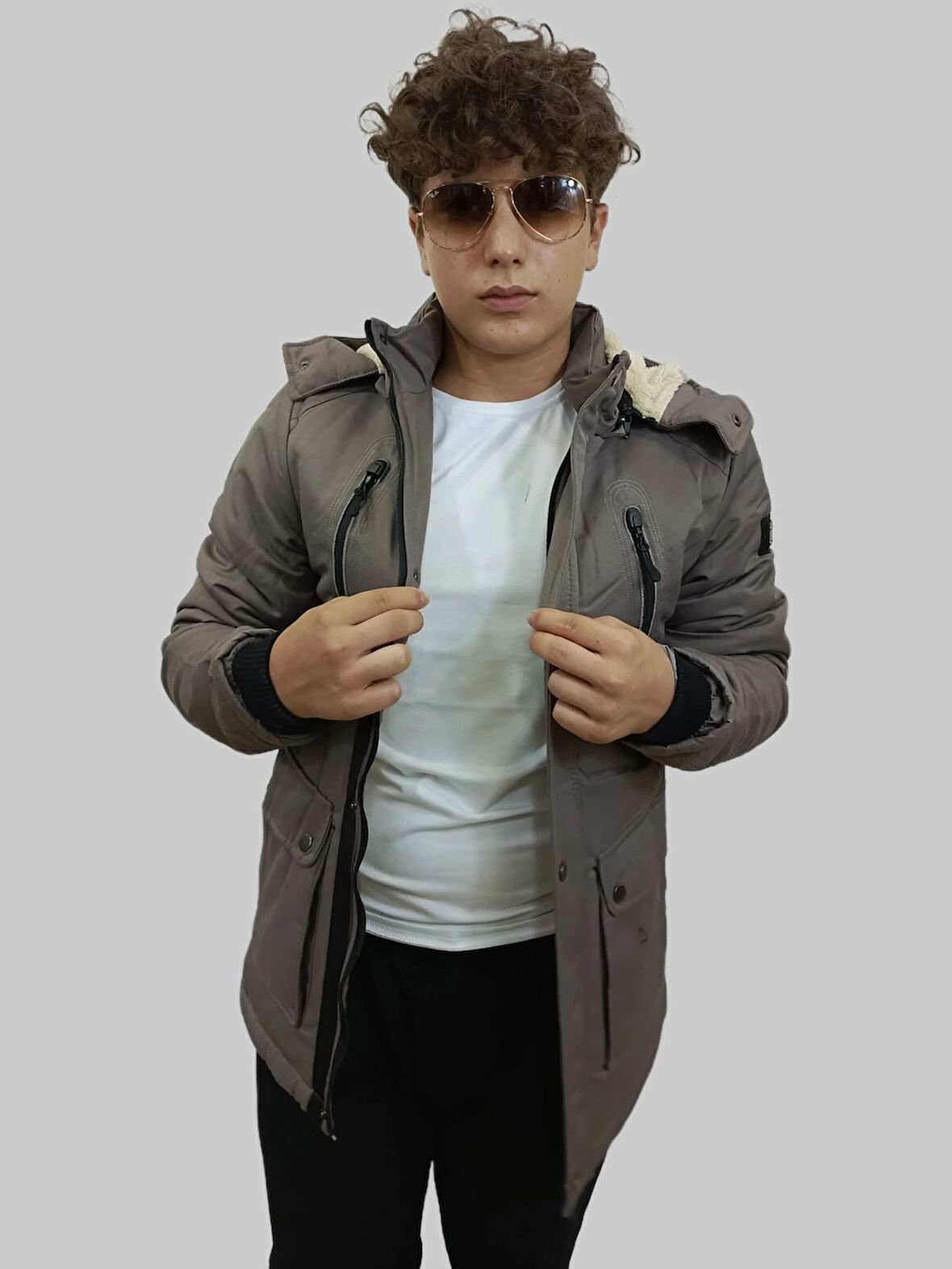 Erkek Kışlık Çıkma Kapüşonlu Vizon Kaban Parka