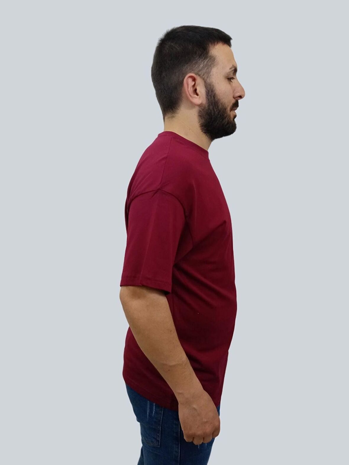 Erkek Burning Oversize Bisiklet Yaka Bordo Tişört