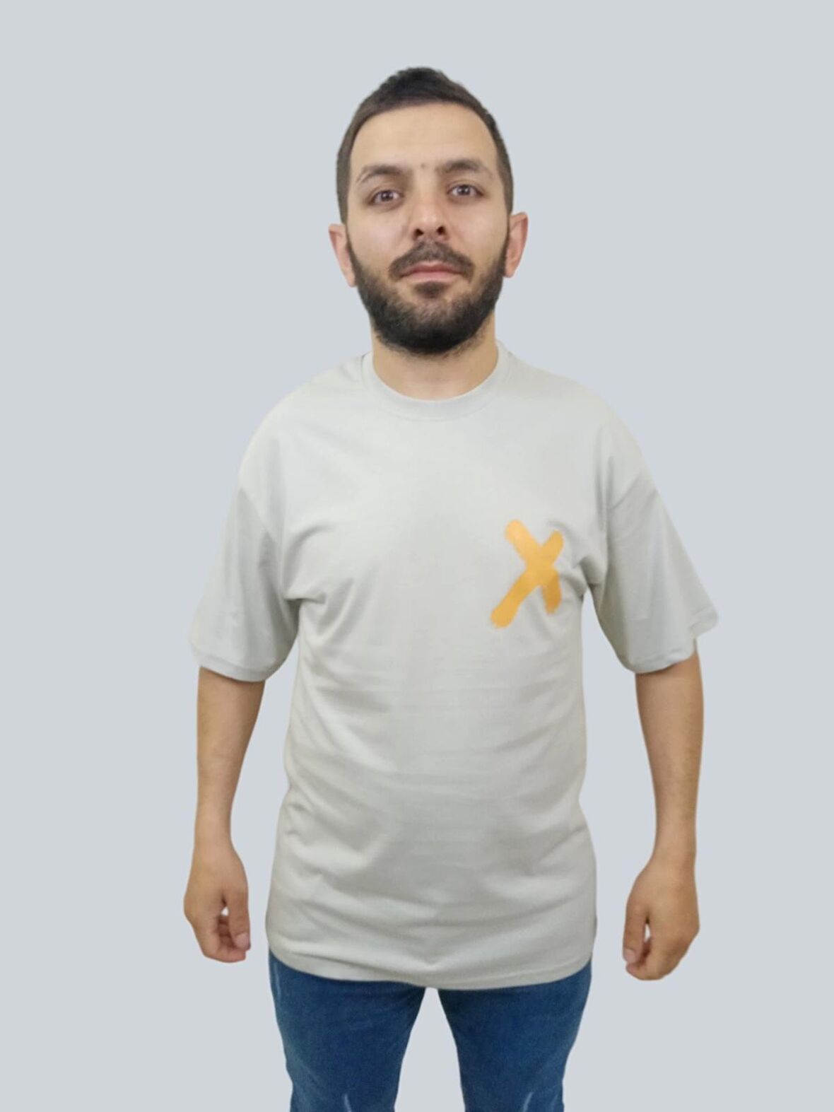 Erkek Crossed Out Oversize Bisiklet Yaka Açık Gri Tişört
