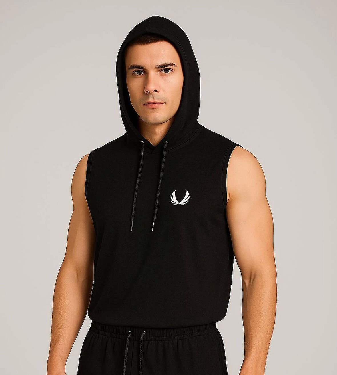 Erkek Lette Kapüşonlu Armalı Esnek Kolsuz Siyah T-Shirt